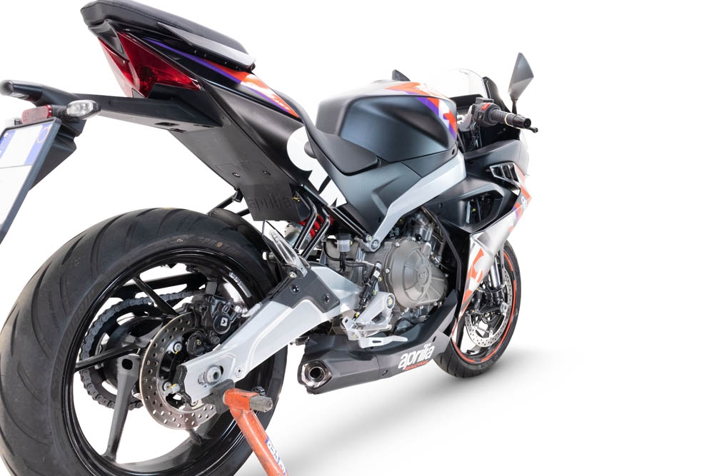 Escape compatível com Aprilia RS 457 2024-2025, Ghost Inox, Escape completo, não legal para países da UE, com db killer removível 