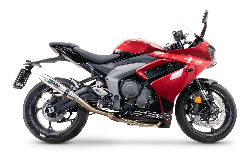 Escape compatível com Triumph Daytona 660 2023-2025, Deeptone Inox, Escape completo, não legal para países da UE, com db killer removível 