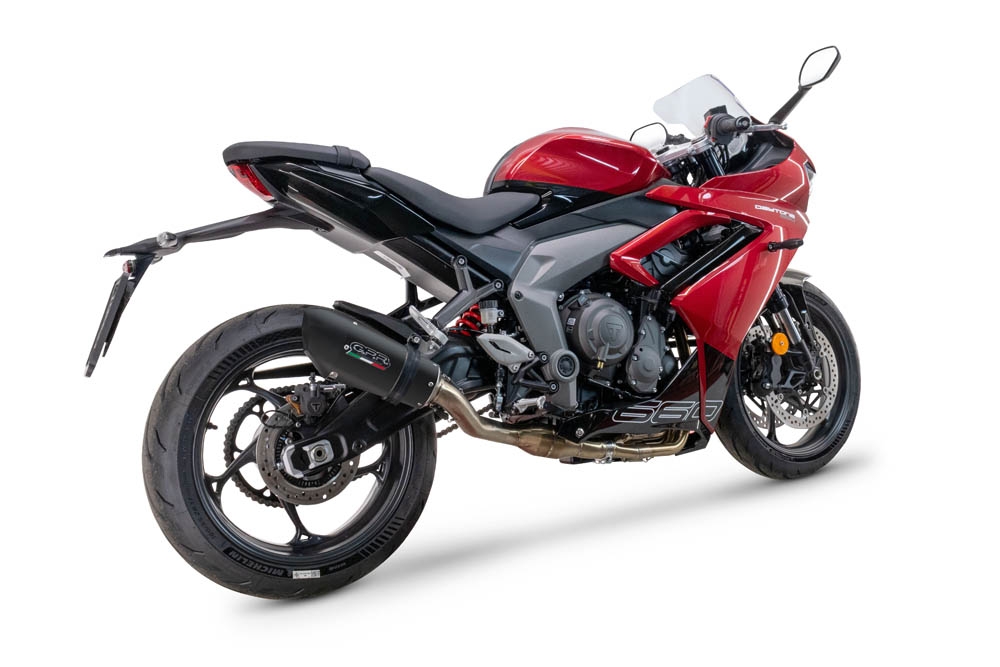 GPR escape compatível com  Triumph Daytona 660 2023-2025, New Grand Prix Evo Black Titanium, Sistema homologado,legal, linha completa, incluindo db killer removível mais coletor 