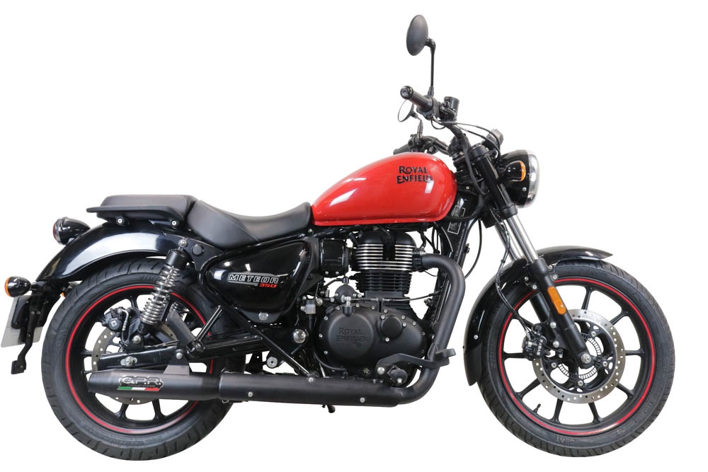 Escape compatível com Royal Enfield Meteor 350 2021-2023, Deeptone Nero, Sistema racing Silencioso com tubo de ligação 