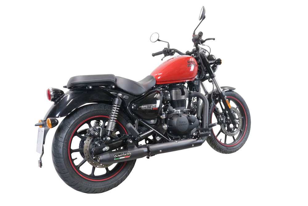 Escape compatível com Royal Enfield Meteor 350 2021-2023, Deeptone Nero, Sistema racing Silencioso com tubo de ligação 