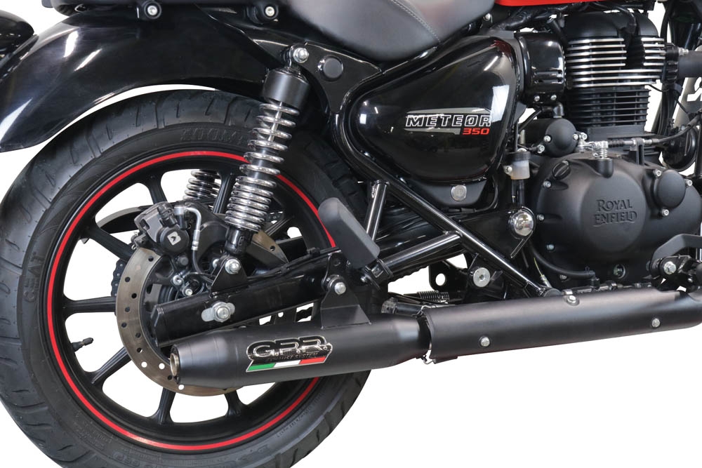 Escape compatível com Royal Enfield Meteor 350 2021-2023, Deeptone Nero, Sistema racing Silencioso com tubo de ligação 