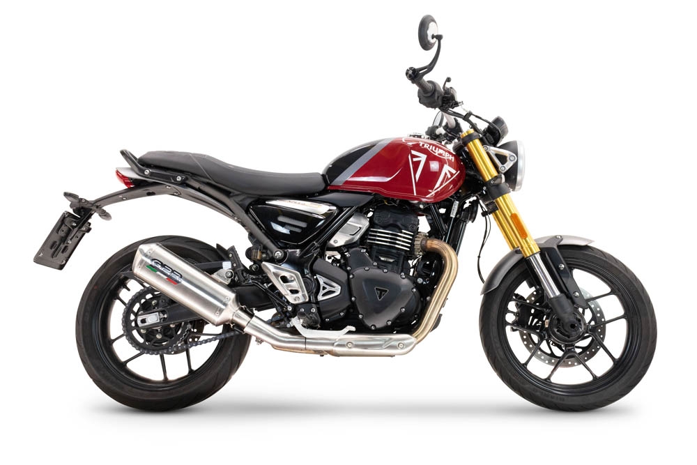 Escape compatível com Triumph Scrambler 400 X 2023-2025, Satinox , Escape legal, homologado, silenciador com db killer removível e tubo de ligação específico 