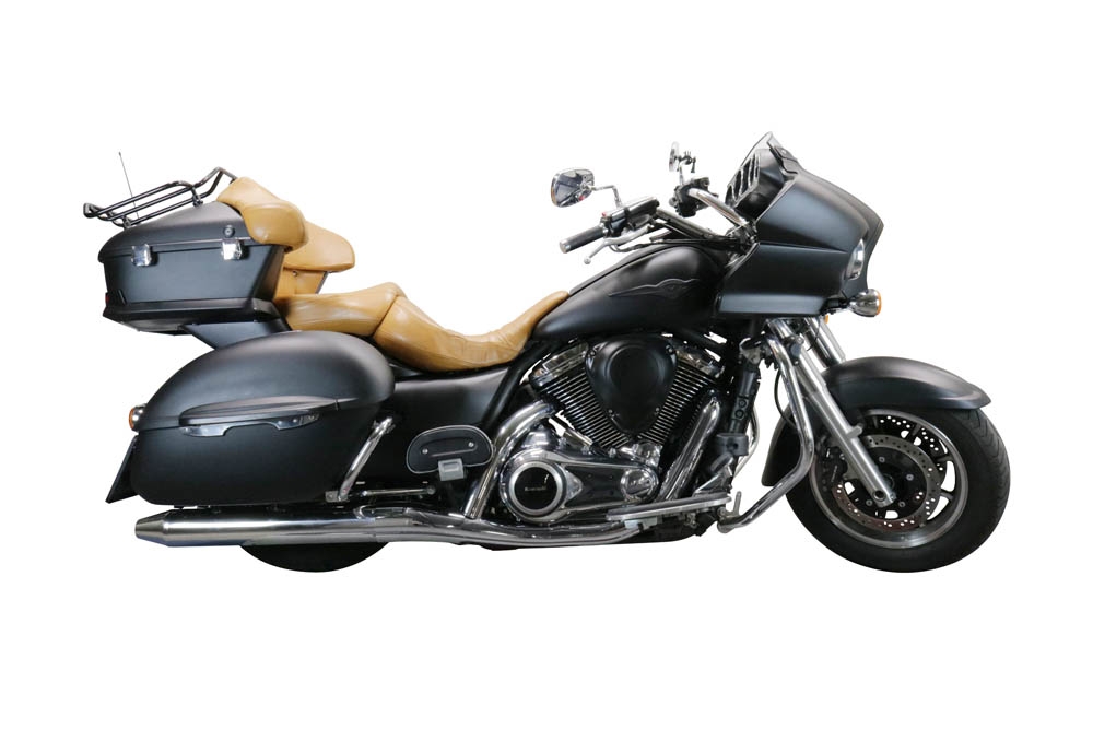 Escape compatível com Kawasaki Vulcan VN 1700 Voyager ABS 2011-2016, Maxy Deeptone Cruiser, Par de silenciosos de escape homologadas, com db killer removível e tubos de ligação específicos 