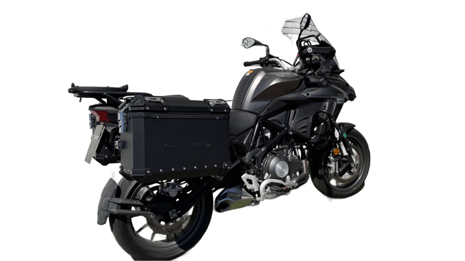 GPR TECH compatível com  Benelli Trk 502 X 2021/2024 e5 Par de malas laterais em alumínio cor preta com porta-bagagem específico Capacidade 38 LT. + 38 LT.