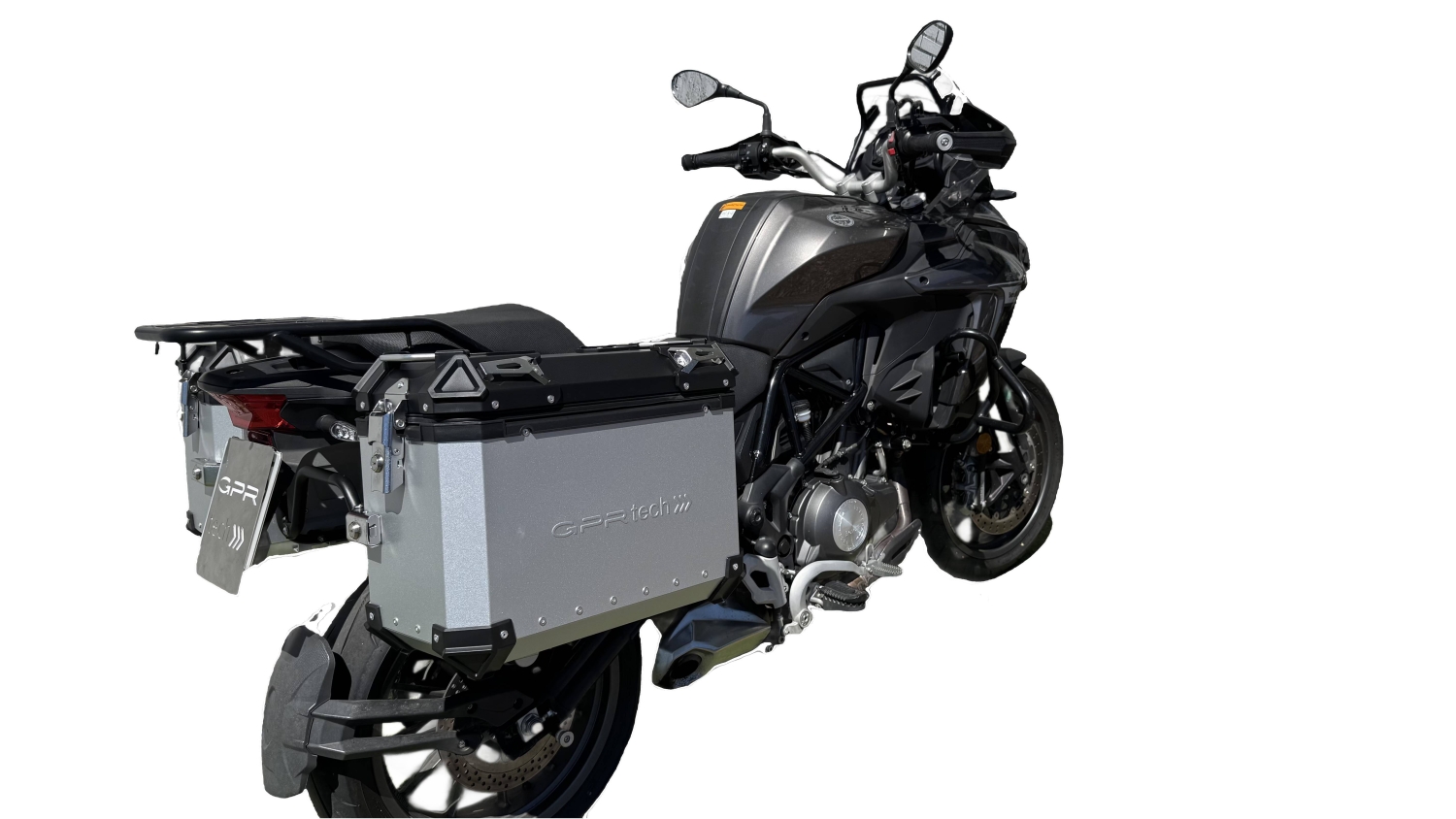 GPR TECH compatível com  Benelli Trk 502 X 2021/2024 e5 Par de malas laterais em alumínio cor prata com porta-bagagem específico Capacidade 38 LT. + 38 LT.