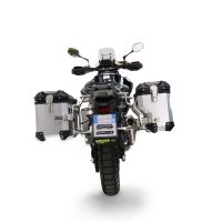 GPR TECH compatível com  Cf Moto 800 Mt Touring 2025/2026 e5 plus Par de malas laterais em alumínio com o lado direito contornado, cor prata com porta-bagagem específico Capacidade 38 LT. + 32 LT.