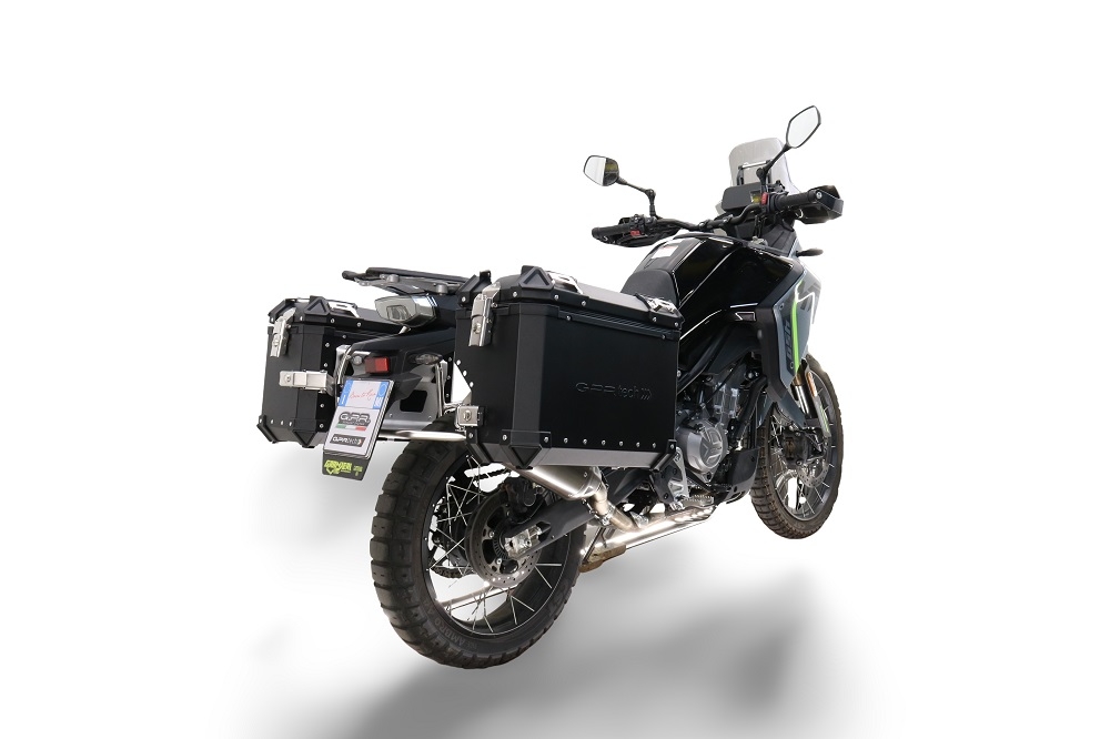 GPR TECH compatível com  Cf Moto 650 Mt 2021/2024 e5 Par de malas laterais em alumínio cor preta com porta-bagagem específico Capacidade 38 LT. + 38 LT.