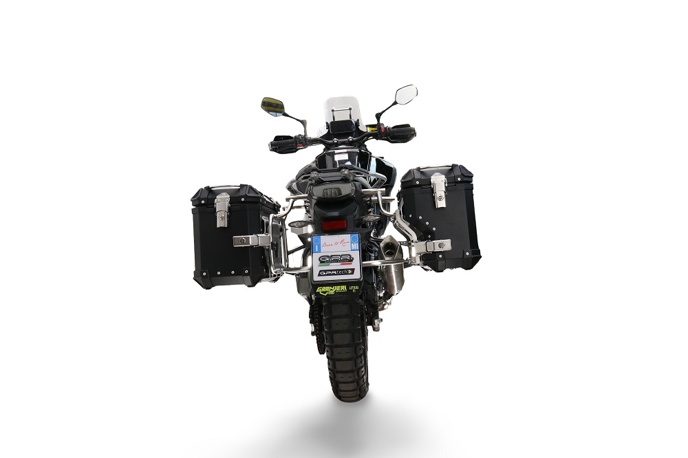 GPR TECH compatível com  Cf Moto 800 Mt Touring 2021/2024 e5 Par de malas laterais em alumínio com o lado direito contornado, cor preta com porta-bagagem específico Capacidade 38 LT. + 32 LT.