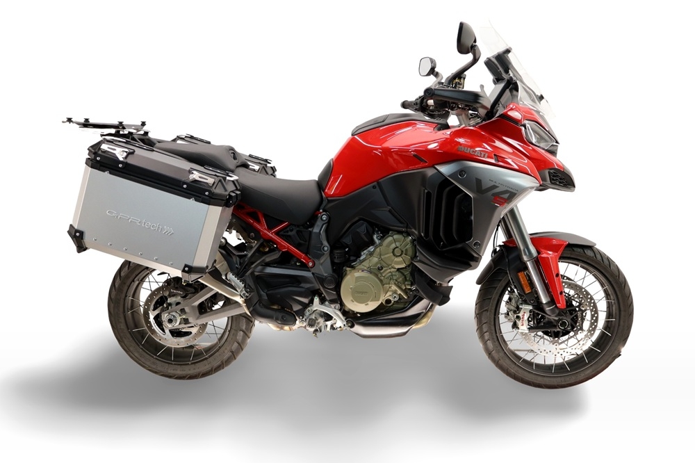 GPR TECH compatível com  Ducati Multistrada V4 - V4S 2025/2026 Par de malas laterais em alumínio com o lado direito contornado, cor prata com porta-bagagem específic TECH-EVO o Capacidade 38 LT. + 32 LT.