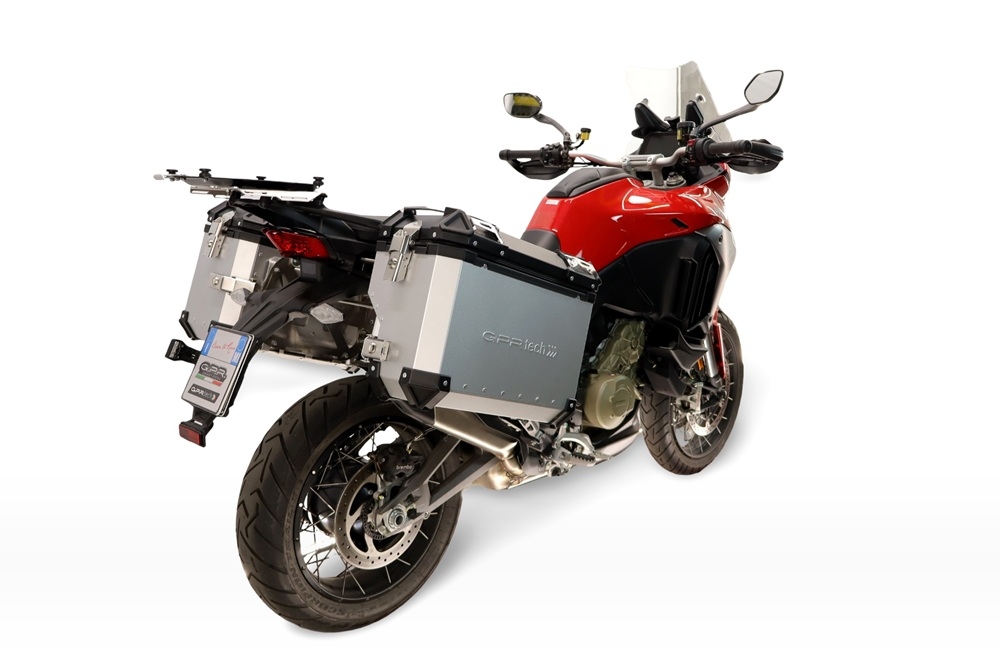 GPR TECH compatível com  Ducati Multistrada V4 - V4S 2025/2026 Par de malas laterais em alumínio com o lado direito contornado, cor prata com porta-bagagem específic TECH-EVO o Capacidade 38 LT. + 32 LT.