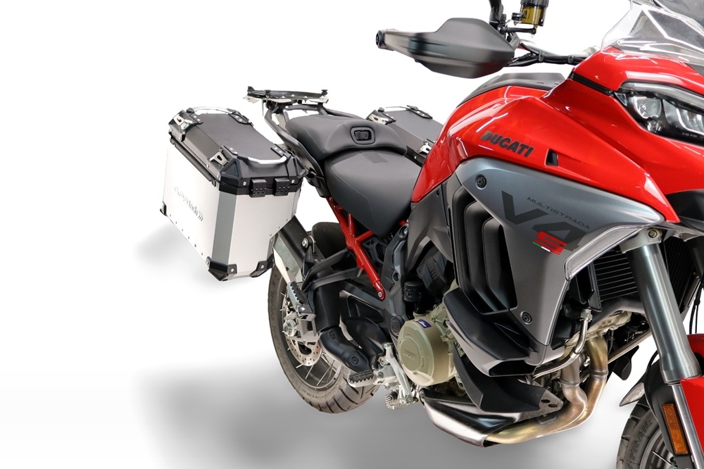 GPR TECH compatível com  Ducati Multistrada V4 - V4S 2025/2026 Par de malas laterais em alumínio com o lado direito contornado, cor prata com porta-bagagem específic TECH-EVO o Capacidade 38 LT. + 32 LT.