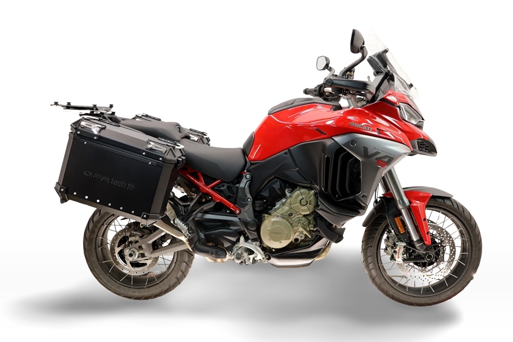 GPR TECH compatível com  Ducati Multistrada V4 - V4S 2025/2026 Par de malas laterais em alumínio com o lado direito contornado, cor preta com porta-bagagem específic TECH-EVO o Capacidade 38 LT. + 32 LT.