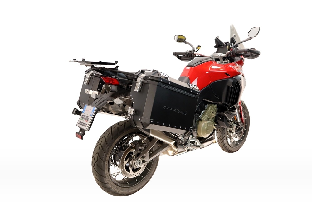 GPR TECH compatível com  Ducati Multistrada V4 - V4S 2025/2026 Par de malas laterais em alumínio com o lado direito contornado, cor preta com porta-bagagem específic TECH-EVO o Capacidade 38 LT. + 32 LT.