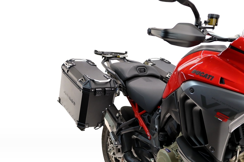 GPR TECH compatível com  Ducati Multistrada V4 - V4S 2025/2026 Par de malas laterais em alumínio com o lado direito contornado, cor preta com porta-bagagem específic TECH-EVO o Capacidade 38 LT. + 32 LT.