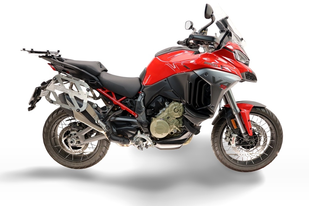 GPR TECH compatível com  Ducati Multistrada V4 - V4S 2025/2026 Par de malas laterais em alumínio com o lado direito contornado, cor prata com porta-bagagem específic TECH-EVO o Capacidade 38 LT. + 32 LT.