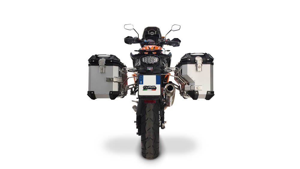 GPR TECH compatível com  Ktm Lc 8 Adventure 1190 2013/2016 e3 Par de malas laterais em alumínio com o lado direito contornado, cor prata com porta-bagagem específico Capacidade 38 LT. + 32 LT.