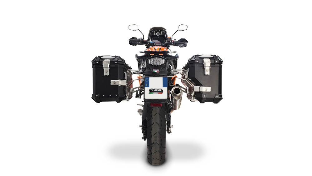 GPR TECH compatível com  Ktm Lc 8 Adventure 1190 2013/2016 e3 Par de malas laterais em alumínio com o lado direito contornado, cor preta com porta-bagagem específico Capacidade 38 LT. + 32 LT.