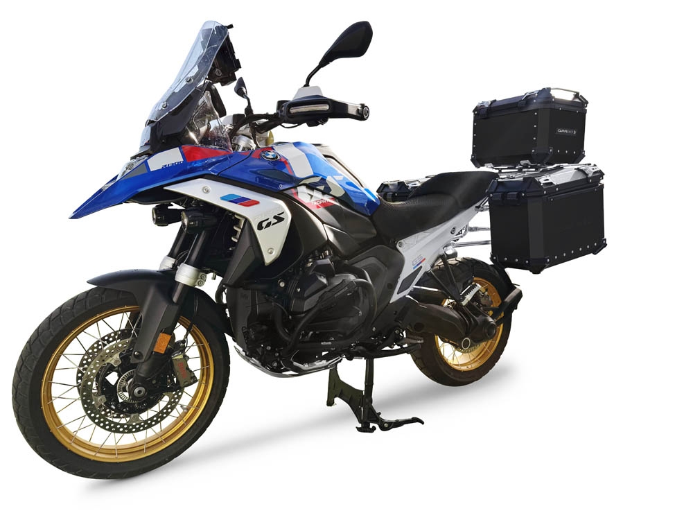 GPR TECH compatível com  BMW R 1300 GS 2023/2025 Kit tríptico fabricado em preto, com Top case 45 Lt + Side Cases 38 Lt + 38 Lt + suporte de rack geral cor prata Capacidade do baú superior 45 litros + capacidade dos baús laterais 38 litros + 38 litros