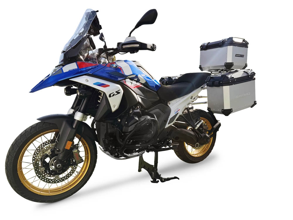 GPR TECH compatível com  BMW R 1300 GS 2023/2025 Kit tríptico fabricado em cor prata, com Top case 45 Lt + Side Cases 38 Lt + 38 Lt + suporte de rack geral cor prata Capacidade do baú superior 45 litros + capacidade dos baús laterais 38 litros + 38 litros
