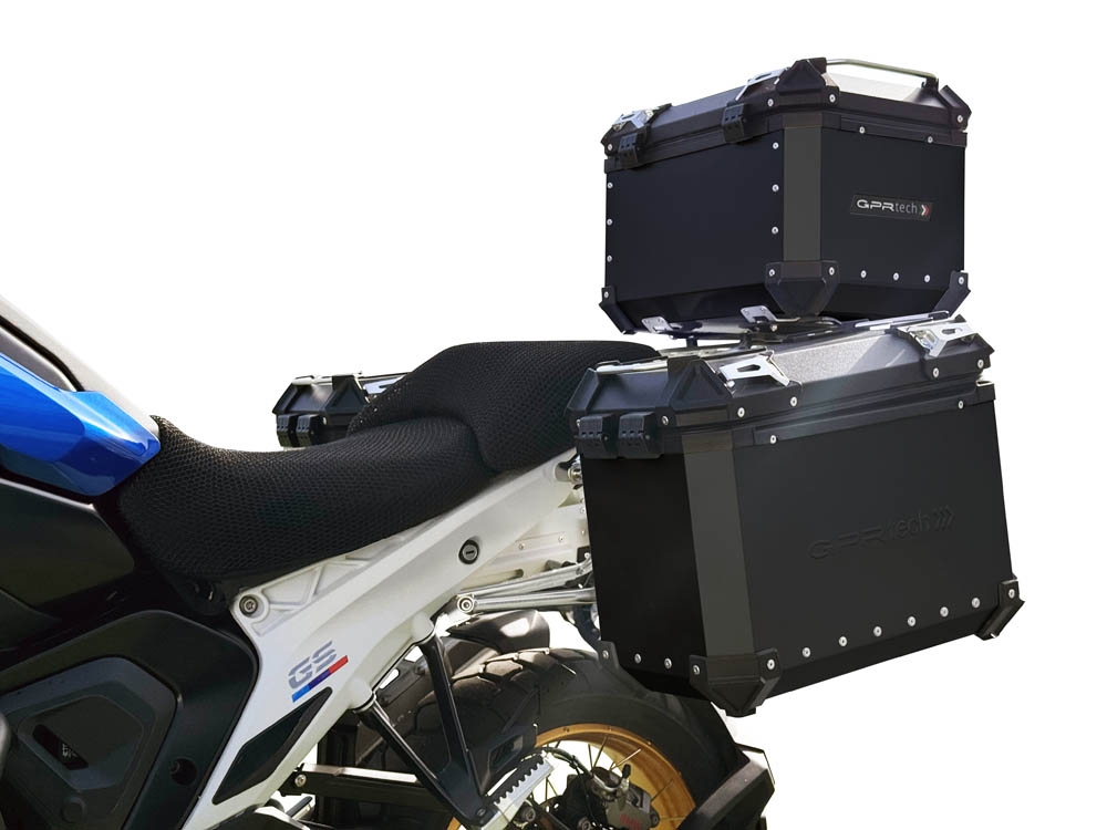 GPR TECH compatível com  BMW R 1300 GS 2023/2025 Kit tríptico fabricado em preto, com Top case 45 Lt + Side Cases 38 Lt + 38 Lt + suporte de rack geral cor prata Capacidade do baú superior 45 litros + capacidade dos baús laterais 38 litros + 38 litros