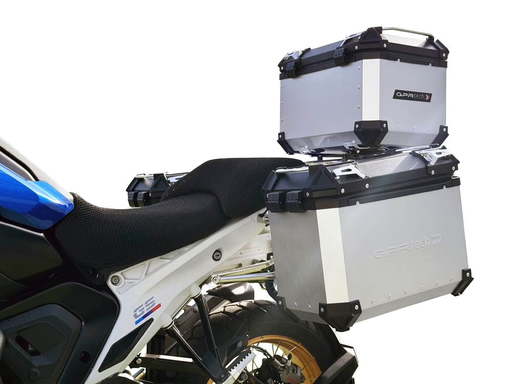 GPR TECH compatível com  BMW R 1300 GS 2023/2025 Kit tríptico fabricado em cor prata, com Top case 45 Lt + Side Cases 38 Lt + 38 Lt + suporte de rack geral cor prata Capacidade do baú superior 45 litros + capacidade dos baús laterais 38 litros + 38 litros