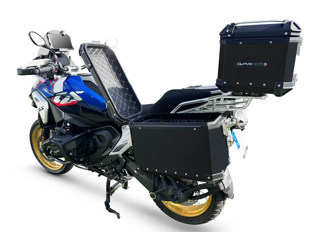 GPR TECH compatível com  BMW R 1300 GS 2023/2025 Kit tríptico fabricado em preto, com Top case 45 Lt + Side Cases 38 Lt + 38 Lt + suporte de rack geral cor prata Capacidade do baú superior 45 litros + capacidade dos baús laterais 38 litros + 38 litros