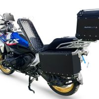 GPR TECH compatível com  BMW R 1300 GS 2023/2025 Kit tríptico fabricado em preto, com Top case 35 Lt + Side Cases 38 Lt + 38 Lt + suporte de rack geral cor prata Capacidade do baú superior 35 litros + capacidade dos baús laterais 38 litros + 38 litros