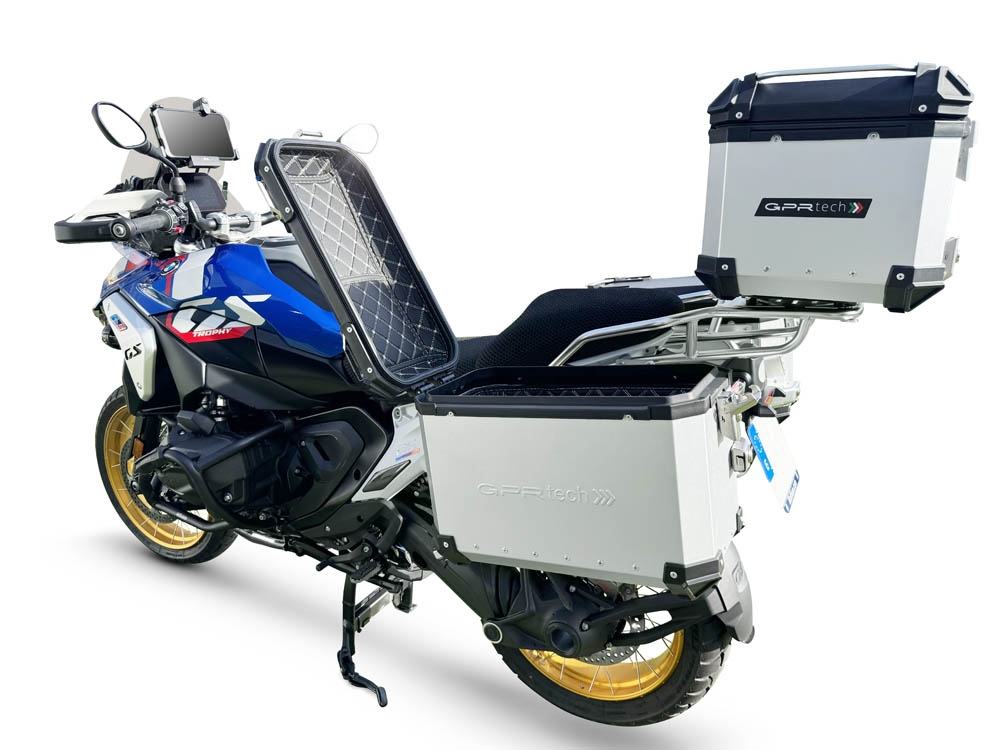 GPR TECH compatível com  BMW R 1300 GS Adventure 2023/2025 Kit tríptico fabricado em cor prata, com Top case 45 Lt + Side Cases 38 Lt + 38 Lt + suporte de rack geral cor prata Capacidade do baú superior 45 litros + capacidade dos baús laterais 38 litros +