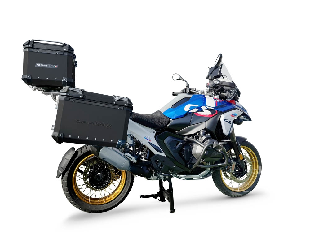 GPR TECH compatível com  BMW R 1300 GS 2023/2025 Kit tríptico fabricado em preto, com Top case 45 Lt + Side Cases 38 Lt + 38 Lt + suporte de rack geral cor prata Capacidade do baú superior 45 litros + capacidade dos baús laterais 38 litros + 38 litros