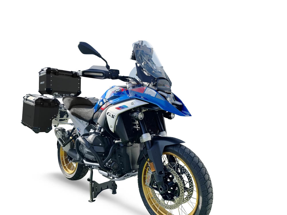 GPR TECH compatível com  BMW R 1300 GS 2023/2025 Kit tríptico fabricado em preto, com Top case 45 Lt + Side Cases 38 Lt + 38 Lt + suporte de rack geral cor prata Capacidade do baú superior 45 litros + capacidade dos baús laterais 38 litros + 38 litros