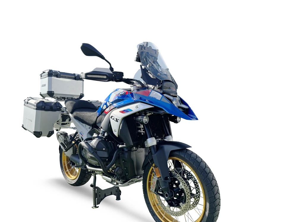 GPR TECH compatível com  BMW R 1300 GS 2023/2025 Kit tríptico fabricado em cor prata, com Top case 45 Lt + Side Cases 38 Lt + 38 Lt + suporte de rack geral cor prata Capacidade do baú superior 45 litros + capacidade dos baús laterais 38 litros + 38 litros
