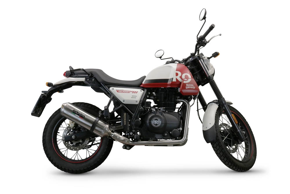 Escape compatível com Royal Enfield Scram 411 2022-2024, Satinox , Sistema homologado apenas para ruído, válido para mercados fora da UESilencioso com tubo de ligação 