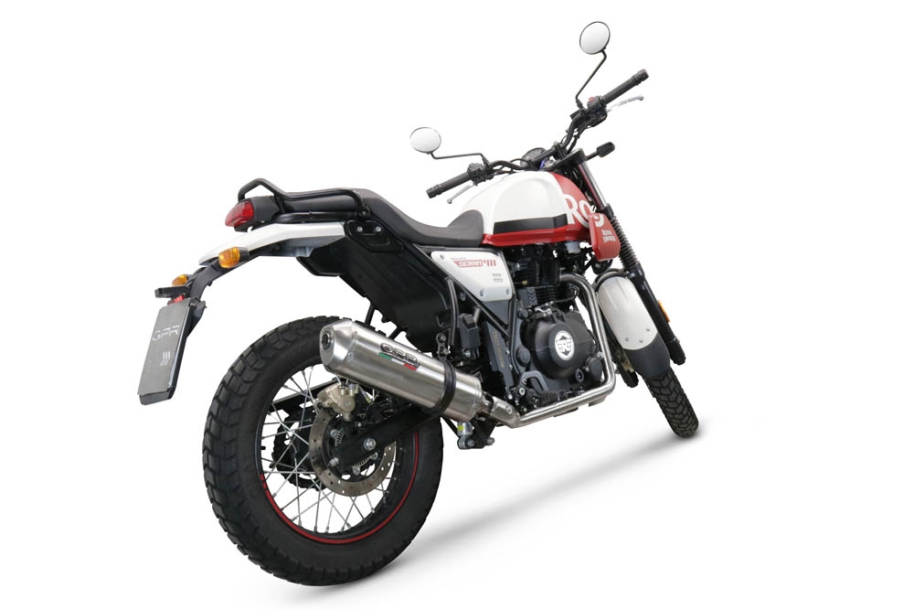 Escape compatível com Royal Enfield Scram 411 2022-2024, Satinox , Sistema homologado apenas para ruído, válido para mercados fora da UESilencioso com tubo de ligação 