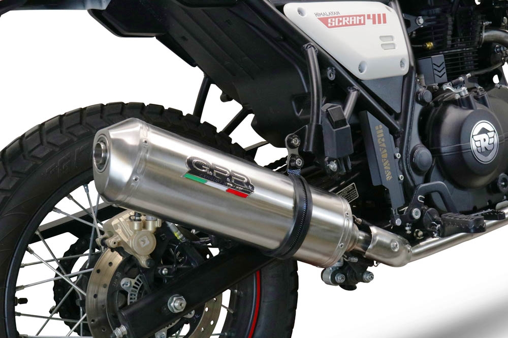 Escape compatível com Royal Enfield Scram 411 2022-2024, Satinox , Sistema homologado apenas para ruído, válido para mercados fora da UESilencioso com tubo de ligação 
