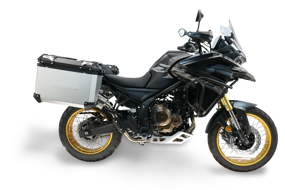 GPR TECH compatível com  Voge 625DSX 2024/2026 e5 Par de malas laterais em alumínio com o lado direito contornado, cor prata com porta-bagagem específico Capacidade 38 LT. + 32 LT.