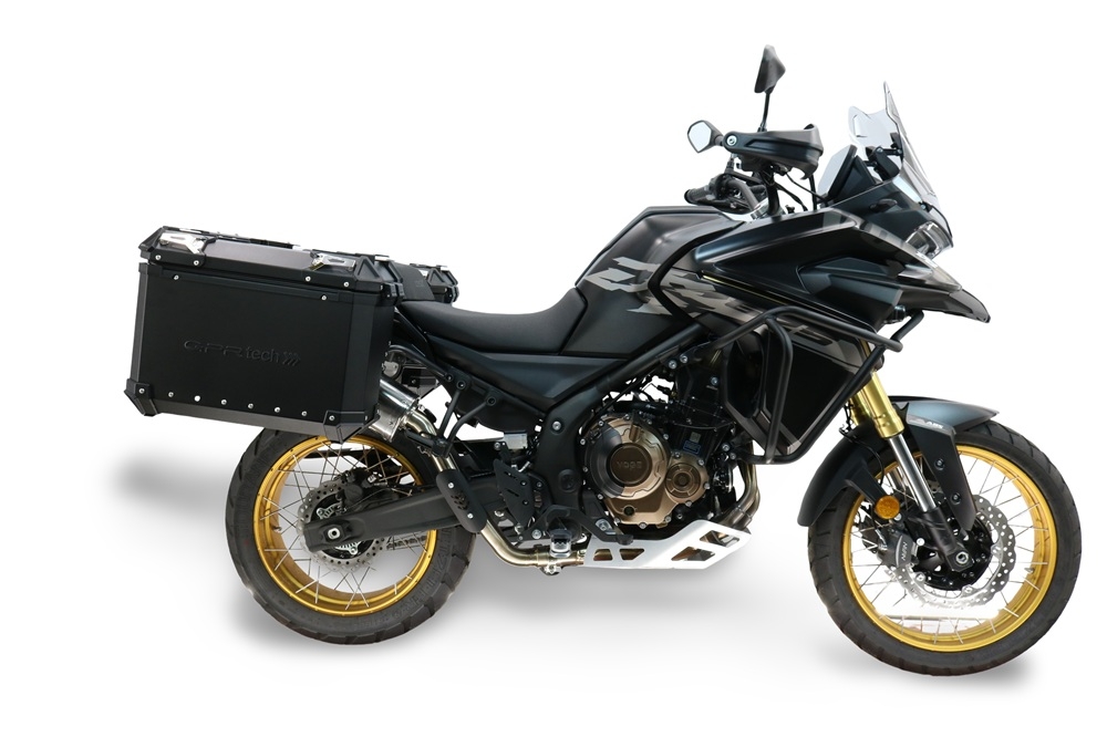 GPR TECH compatível com  Voge 625DSX 2024/2026 e5 Par de malas laterais em alumínio com o lado direito contornado, cor preta com porta-bagagem específico Capacidade 38 LT. + 32 LT.