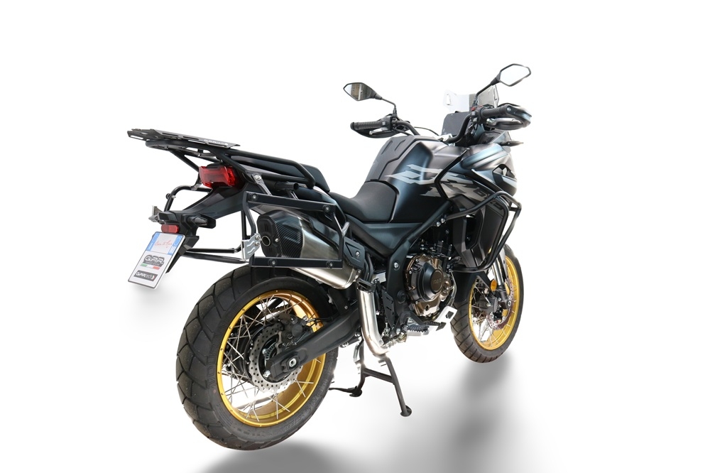 GPR TECH compatível com  Voge 625DSX 2024/2026 e5 Par de malas laterais em alumínio com o lado direito contornado, cor preta com porta-bagagem específico Capacidade 38 LT. + 32 LT.