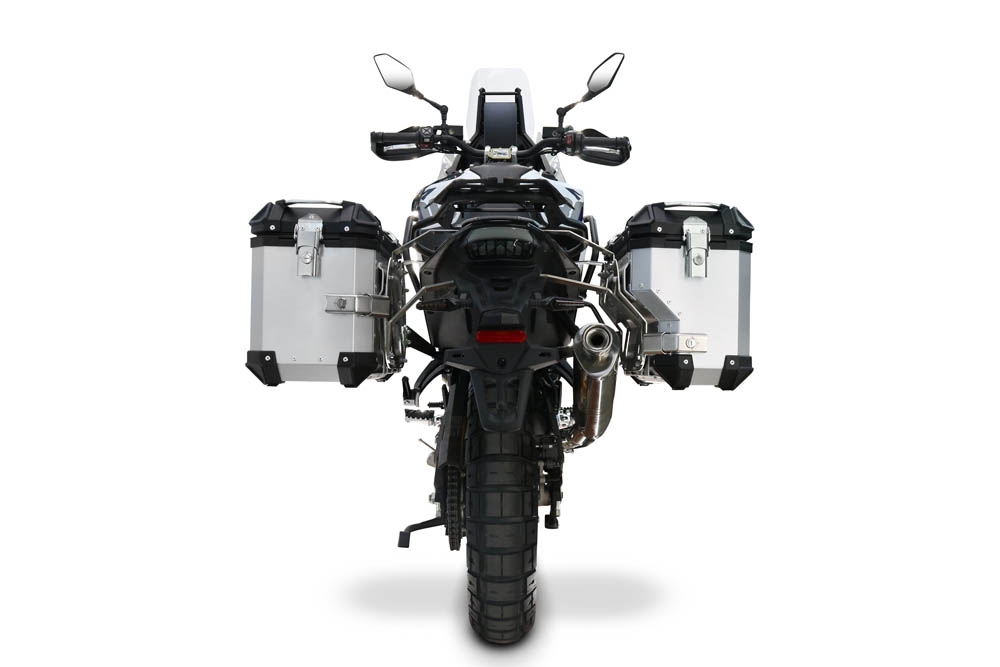 GPR TECH compatível com  Voge DS 800 Rally 2025/2026 Par de malas laterais em alumínio com o lado direito contornado, cor prata com porta-bagagem específic TECH-EVO o Capacidade 38 LT. + 32 LT.