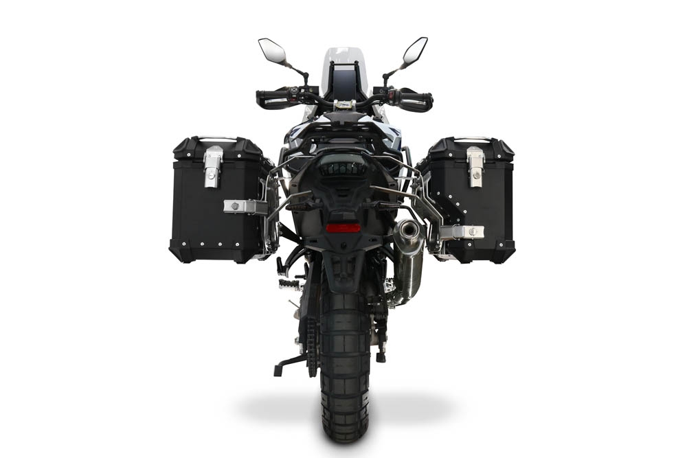 GPR TECH compatível com  Voge DS 800 Rally 2025/2026 Par de malas laterais em alumínio com o lado direito contornado, cor preta com porta-bagagem específic TECH-EVO o Capacidade 38 LT. + 32 LT.