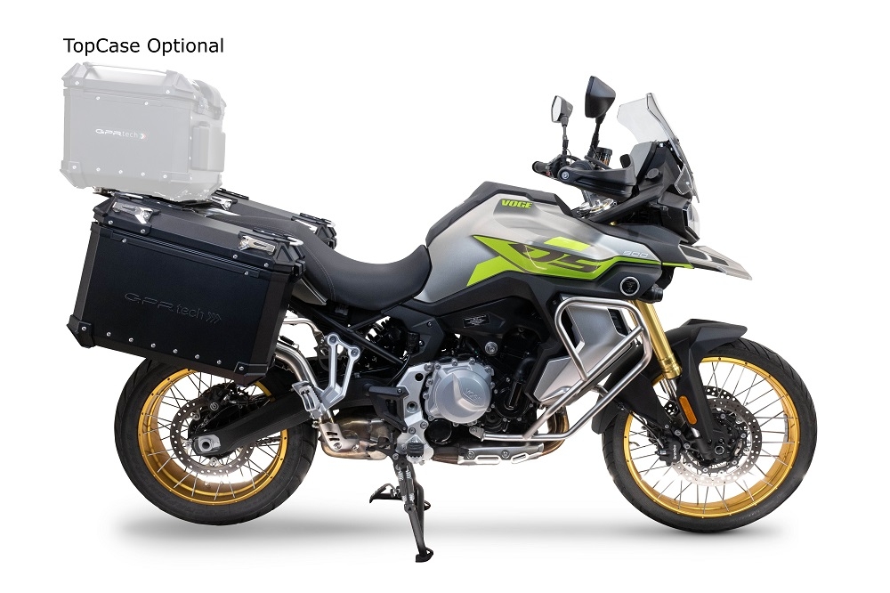 GPR TECH compatível com  Voge 900DSX 2024/2025 e5 Par de malas laterais em alumínio cor prata ,com o lado direito contornado, com porta-bagagem específico cor negro Capacidade 38 LT. + 32 LT.
