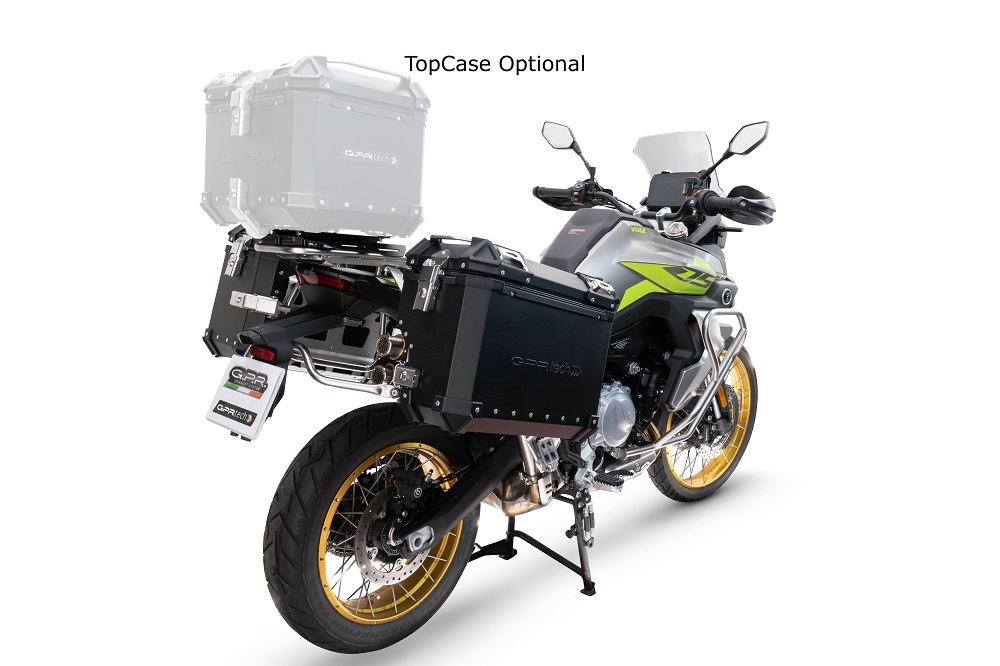 GPR TECH compatível com  Voge 900DSX 2024/2025 e5 Par de malas laterais em alumínio cor prata ,com o lado direito contornado, com porta-bagagem específico cor negro Capacidade 38 LT. + 32 LT.