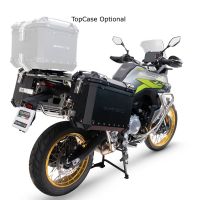 GPR TECH compatível com  Voge 900DSX 2024/2025 e5 Par de malas laterais em alumínio  cor preta com o lado direito contornado,com porta-bagagem específico cor negro Capacidade 38 LT. + 32 LT.