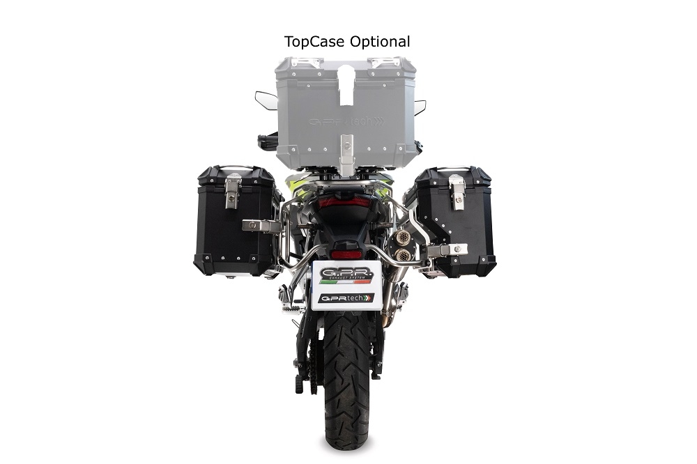 GPR TECH compatível com  Voge 900DSX 2024/2025 e5 Par de malas laterais em alumínio cor prata ,com o lado direito contornado, com porta-bagagem específico cor negro Capacidade 38 LT. + 32 LT.