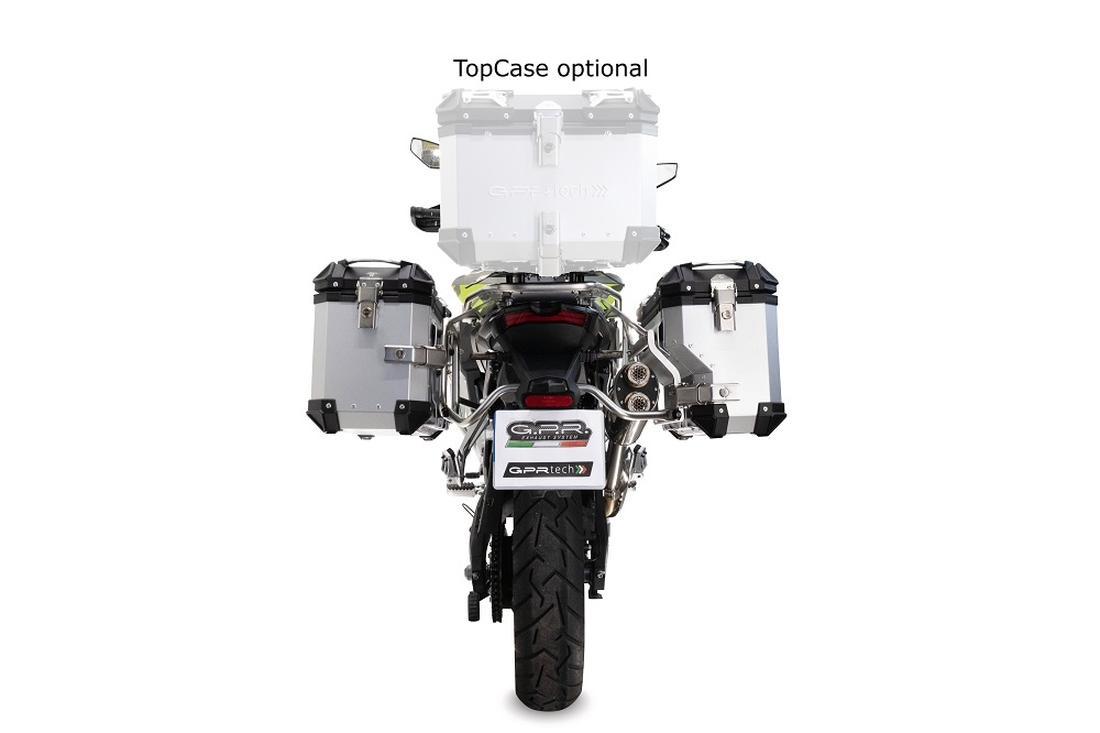 GPR TECH compatível com  Voge 900DSX 2024/2025 e5 Par de malas laterais em alumínio cor prata ,com o lado direito contornado, com porta-bagagem específico cor prata  Capacidade 38 LT. + 32 LT.